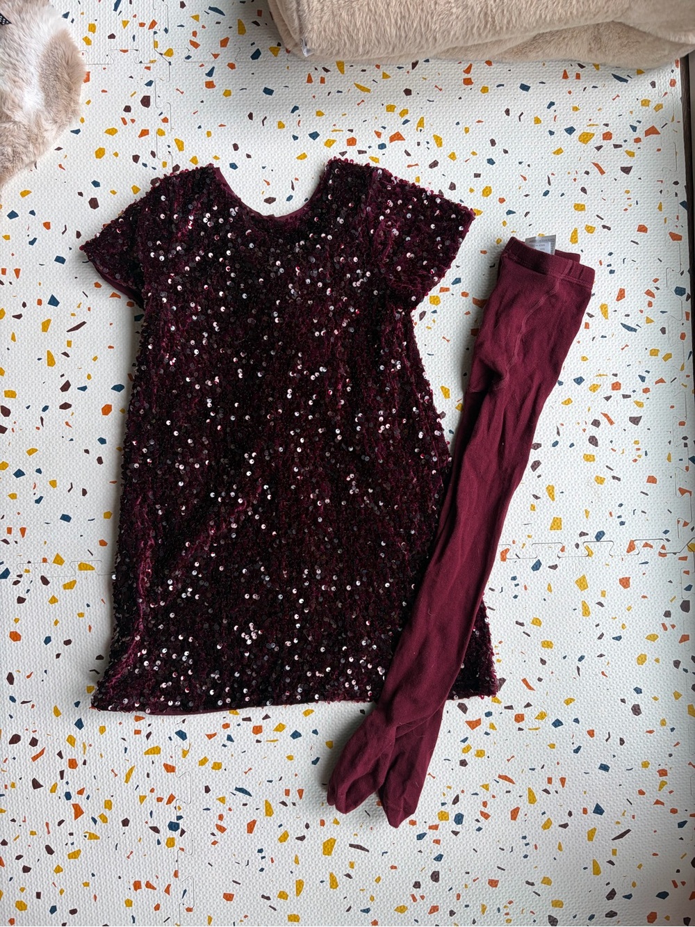 ZARA | Burgundy Sequin Velvet Bow Short-Sleeve Dress with Matching Tights